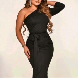SEXY TIGHT FITTING IRREGULAR ONE SHOULDER MID SLEEVE MAXI DRESSS